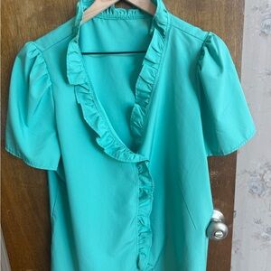 Ruffled V-Neck Short Sleeve Top in Teal